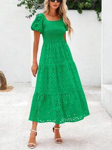 Summer Dresses For Women  Eyelet Square Neck Puff Sleeve Smocked Wedding Guest Maxi Dress With Pockets - Green - View 5