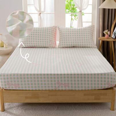 Bộ ga trải giường và vỏ gối kẻ caro hồng xanh lá cây (2/3 món), mềm mại và thân thiện với da, phù hợp cho phòng ngủ/ký túc xá (bé trai/bé gái), du lịch, 2/3 món (1 ga trải giường + 1/2 vỏ gối có túi, không bao gồm ruột gối)