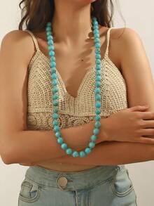 1pc Bohemian Style Round Geometric Plastic Acrylic Beaded Rope Knotted Long Necklace, Versatile Double-Layer Necklace, Ideal Gift - Handmade Beaded Long Necklace - View 24