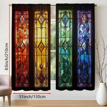 2pcs 2D Retro Colorful Flat Curtains - Blackout Polyester Fabric Curtains, Bright Floral & Geometric Pattern Curtains, Machine Washable, Rod Pocket Design, Suitable For Bedroom And Living Room Decor, Modern Style, Easy Care Fabric - Multicolor - View 15