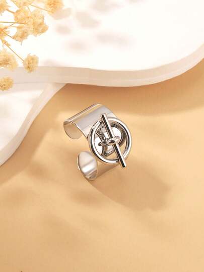 1pc European And American Hip-Hop Stainless Steel Round & Bar Open Ring, Suitable For Men And Women As Gift, Party, Gathering, Daily Wear