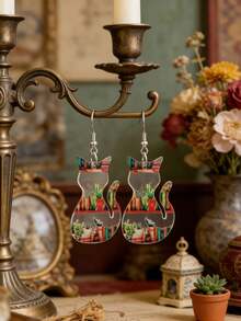 1对复古新款亚克力书本印花毕业耳环，创意时尚亚克力猫形返校教师学生礼物 - 彩色 - 查看 8