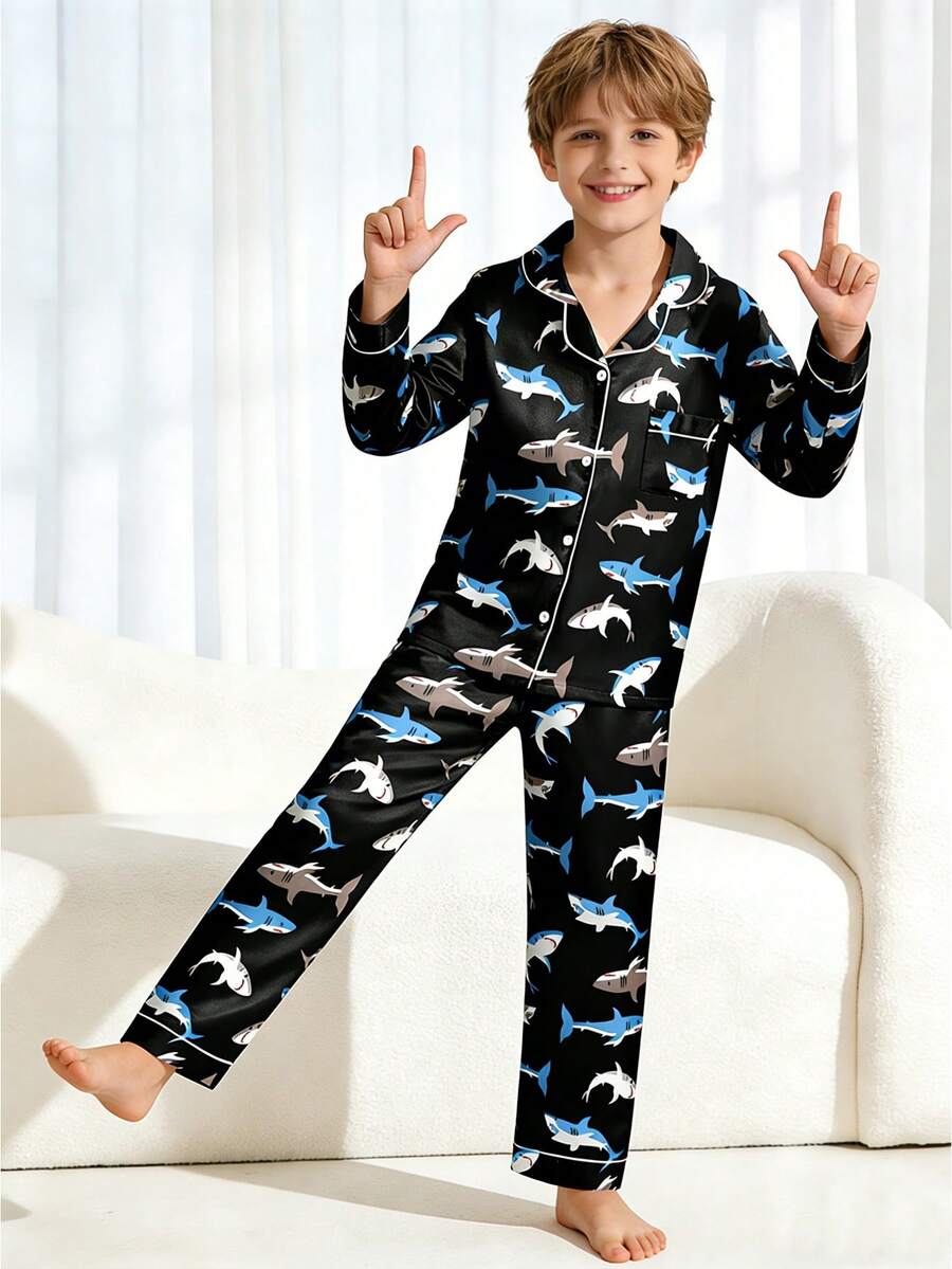 2pcs Tween Boy Shark Print Long Sleeve Pajama Set - Multicolor - View 1