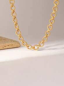 RAYQUEEN 1pc Stainless Steel Geometric Circle Design Fashion Personalized Hiphop Necklace For Women, Suitable For Gifts And Daily Wear - Yellow Gold - View 2