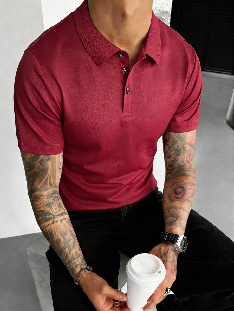 Blueprint Man 1 chiếc áo POLO nam, áo POLO cổ đỏ rượu vang, vải lưới pique thoải mái và thoáng khí, không xù lông bền bỉ, có thể giặt máy và giặt khô, phong cách công sở thường ngày trưởng thành, đi làm hàng ngày, công việc nhẹ nhàng, trang phục hẹn hò - Màu Đỏ Sâu - Xem 1