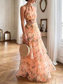 优雅休闲度假浪漫海滩约会两件套夏季女装沙滩装 - 橘色 - 查看 2