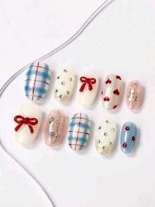10 Pcs Ice Crystal Grid Nail Art - Short Oval Press-On Nails (XS/S/M/L Sizes). Features Short Oval Shape With Blue Grids And Red Bows, In An Ins Style. Suitable For Students, Creating A Brightening And High-End Look. Purely Handcrafted Short Press-On Nails, Convenient For "Lazy" Application. - Multicolor - View 11