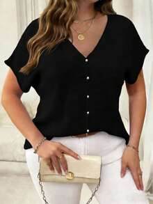 Plus Size Deep V-Neck Knit Top, Semi-Sheer Dropped Shoulder Design, Regular Length, Slightly Stretchy Black Summer - Black - View 3