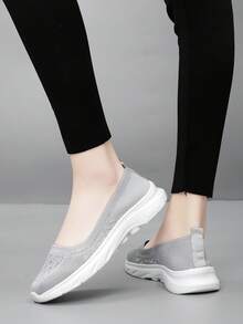 女士透气平底圆头套脚乐福鞋，系带轻便舒适软底低帮休闲运动鞋，春夏款 - 灰白 - 查看 8