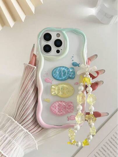 Colorful Printed Cream Wave Edged Fish Decor Bracelet Strap, Shockproof Protective Phone Case Cover Suitable For IPhone 17/17 Pro/17 Pro Max, 16 XR/7/8, 15 Pro Max, 13/14 Pro Max, 13/14/11/12 Pro Max, P14, P11, P12, XS/XR/7/8 Plus, S22 Ultra, A13 4G, A22, A21S, A51 4G, A52, A33 5G, A34, A35, 10, Note 11 4G, 11 Lite, A53, A14, A23, S23 Ultra, S24, A14, A15, S23, A73, A55, A54, Phones