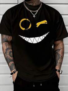 Sonrisa amplia con dientes blancos que simboliza fuerza y energía mirada compuesta por trazos amarillos que representan alegría confianza y un toque rebelde moderna camiseta de hombre cómoda para uso diario y reuniones casuales - Negro - Ver 1