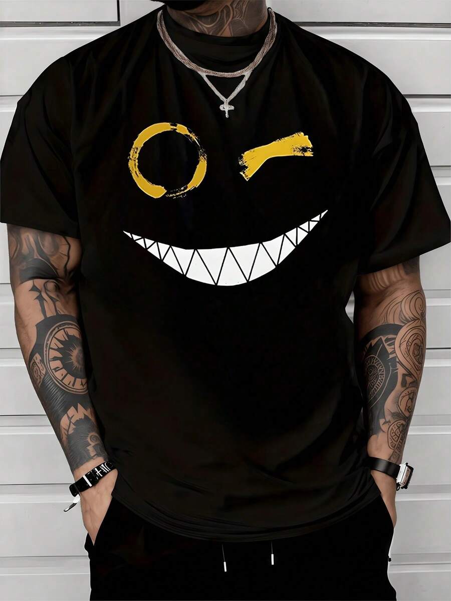 Sonrisa amplia con dientes blancos que simboliza fuerza y energía mirada compuesta por trazos amarillos que representan alegría confianza y un toque rebelde moderna camiseta de hombre cómoda para uso diario y reuniones casuales - Negro - Ver 1