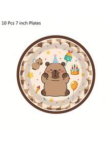 Juego desechable de vajilla con diseño de capibara de dibujos animados - 10 piezas, platos de 7/9 pulgadas, vasos de 9 onzas y servilletas - Multicolor - Ver 3