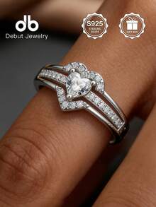 925纯银双层心形几何圆环戒指，适合女性作为结婚订婚新娘首饰，情人节礼盒包装 - 簡約愛心 - 查看 8