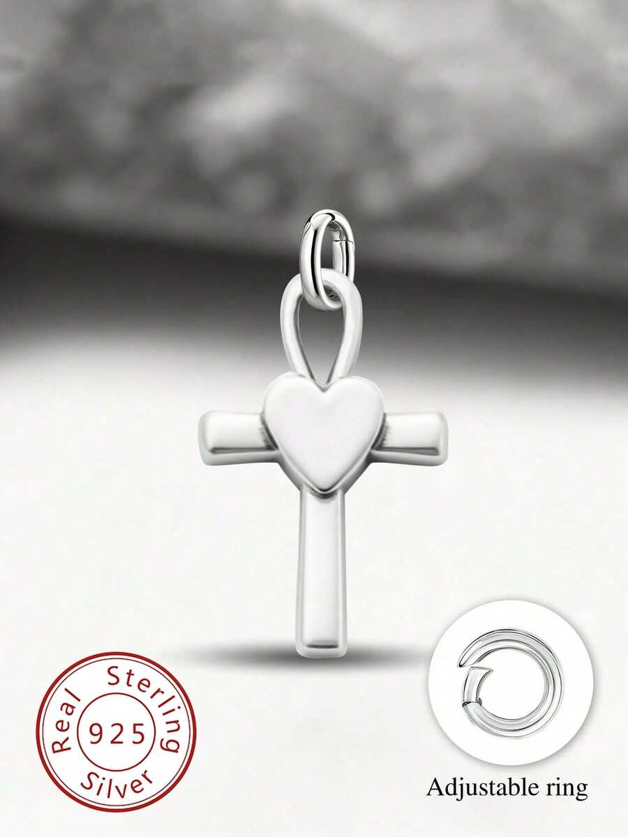 1pc Minimalist 925 Sterling Silver Simple Heart Cross Pendant, DIY Jewelry, Elegant Christmas Gift For Men & Women
