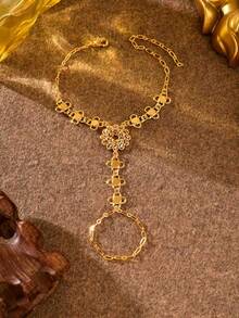 1 pieza Pulsera de dedo completo de mujer de moneda antigua de cobre chapada en oro de lujo y exquisita, adecuada para accesorios de vestido de boda y banquete - Amarillo Oro - Ver 5
