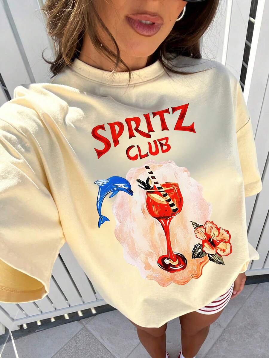 海豚图案 SPRITZ CLUB 女士休闲圆领短袖T恤，夏季海滩度假装 - 淺杏色 - 查看 1