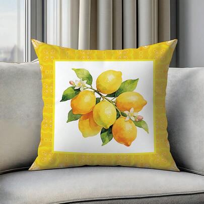 1pc Vintage Yellow Frame Watercolor Lemon Pattern Cushion Cover, Single-Sided Printed Soft Peach Velvet Material, 45*45CM Pillow Case Suitable For Home Indoor Room Living Room Decor, Party Decor, Holiday Decor, Gift (No Pillow Insert)
