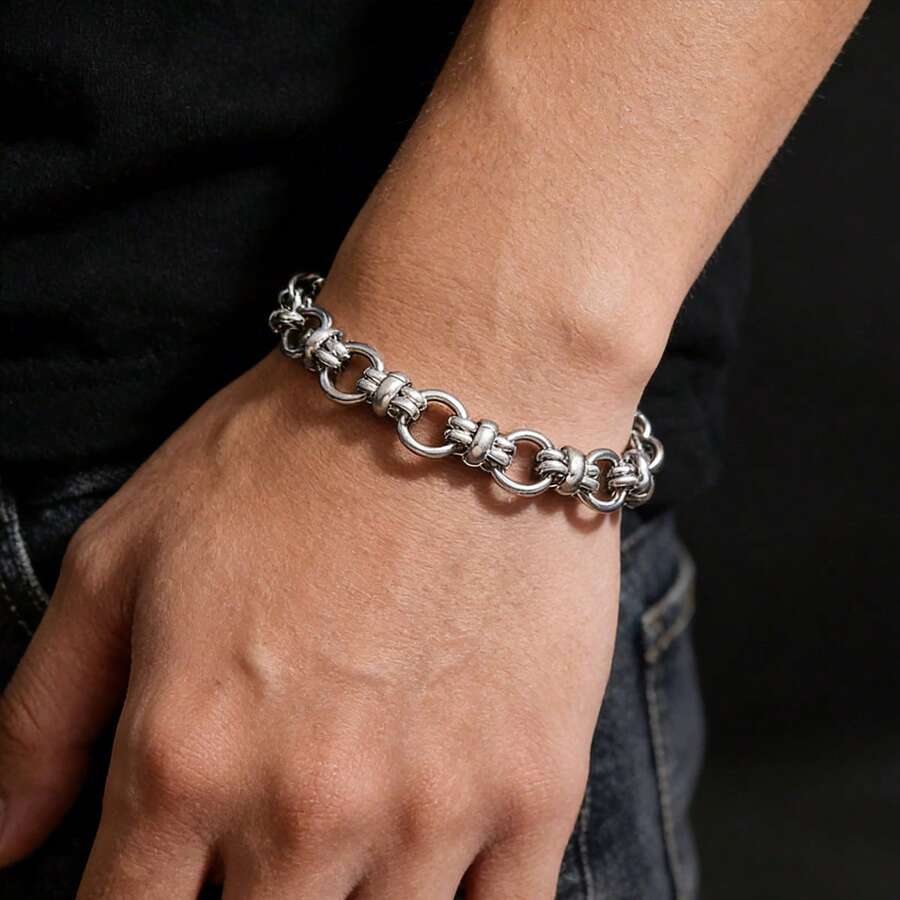 1条男士不锈钢结链手链，朋克嘻哈风格腕带，适合日常佩戴 - 銀色 - 查看 1