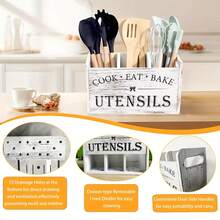 Extra-Large Kitchen Utensil Storage Box With 4 Compartments, White Wooden Kitchen Utensil Organizer, Suitable For Countertops, Rustic Style Cooking Tool Storage. - View 6