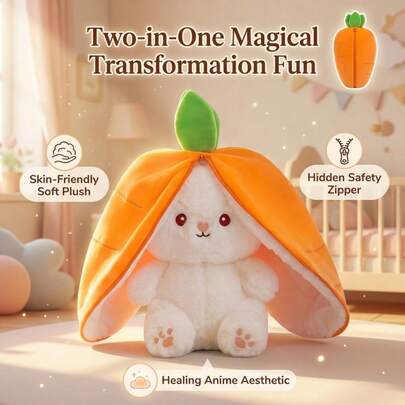 This Creative Double-Sided Carrot Rabbit Plush Doll Features A Zipper-Transformation Design, An Orange Carrot Pattern Paired With Green Leaf Details, And An Adorable White Rabbit Shape With Rosy Cheeks And Cute Paw Prints.