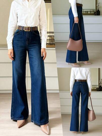 9650# Stretchy Denim Pants, Straight Leg, Elegant & Fashionable, Casual & Versatile, Wide Leg Flare Women Denim Pants Spring