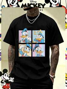 Disney Officially Licensed Donald Duck Retro Grid Graphic 220g 100% Cotton T-Shirt, Unisex Regular Fit Casual Streetwear - 黑色 - 查看 1