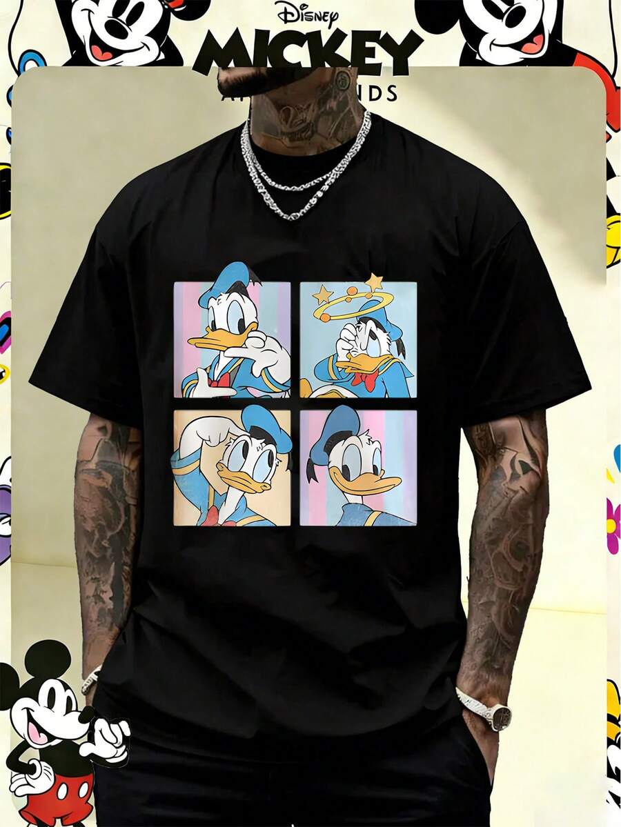Disney Officially Licensed Donald Duck Retro Grid Graphic 220g 100% Cotton T-Shirt, Unisex Regular Fit Casual Streetwear - 黑色 - 查看 1