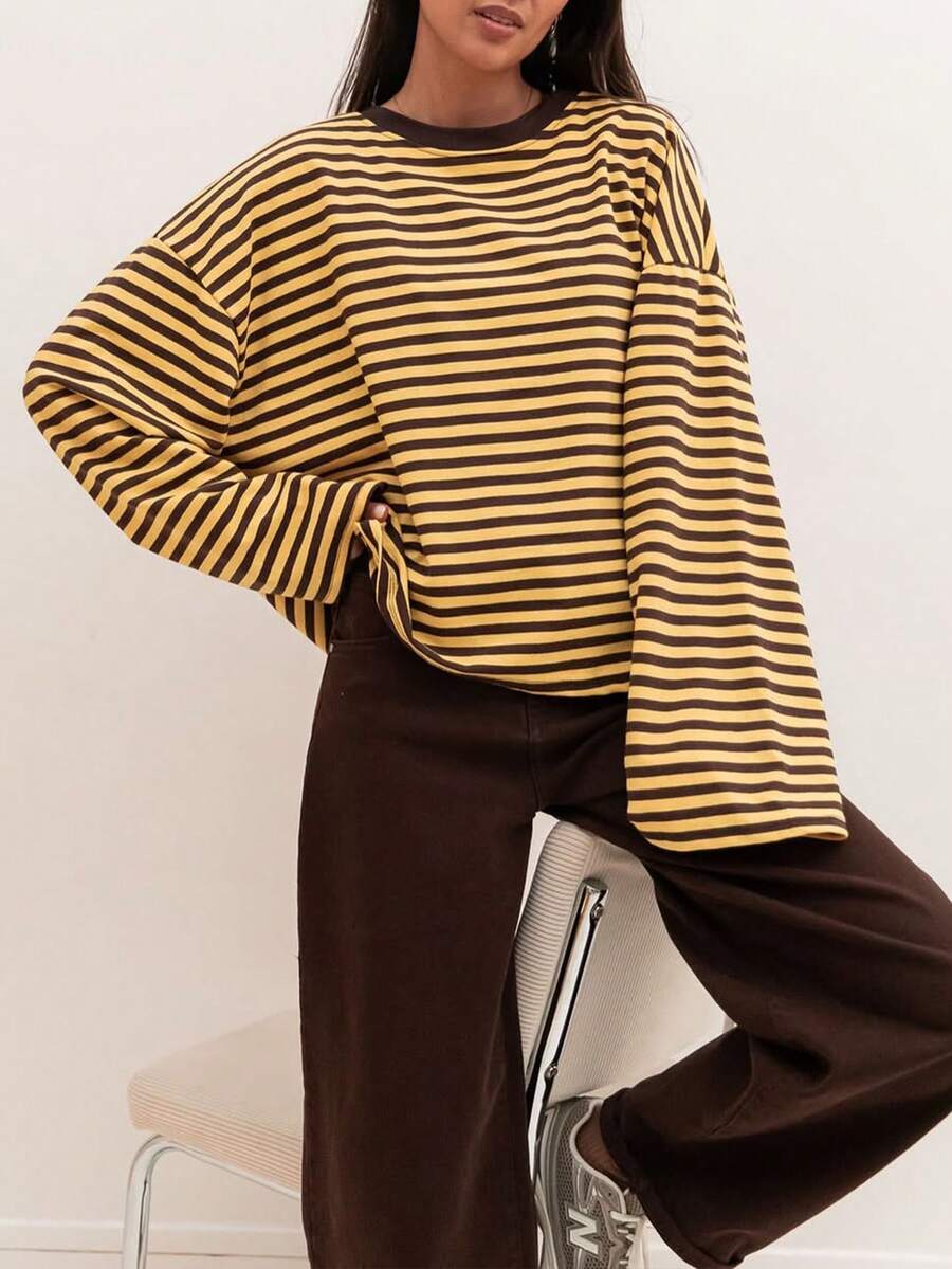 Striped Flare Sleeve Top, Casual Loose Fit For Everyday Wear Spring - Yellow Brown - View 1