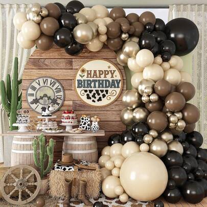 113pcs Brown And Black Balloon Garland Arch Kit, Nude Dark Brown Tan Black Gold White Sand Latex Party Balloons For Cowboy Western Wild West First Rodeo Country Farm Babyshower Birthday Party Decorations
