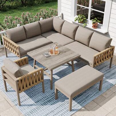 Garden Furniture Set Rope-Weave Outdoor Sofa Set With Galvanized Steel Frame Adjustable Legs L-Shaped Sofa Tempered Glass Table Top Includes All Seat And Back Cushions Beige