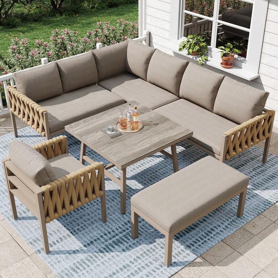 Garden Furniture Set Rope-Weave Outdoor Sofa Set With Galvanized Steel Frame Adjustable Legs L-Shaped Sofa Tempered Glass Table Top Includes All Seat And Back Cushions Beige - 米色 + 鐵 - 查看 1