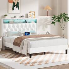 LED Bed Frame With Storage Shelf Headboard, Velvet Upholstered Bed Frame With Charging Station, Modern Bed Frame With Diamond Tufted Headboard, No Box Spring Needed, White/ Black, Full/ Queen/ King  (USB LED Strip) - 白色 - 查看 11