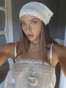 1 chiếc khăn trùm đầu tam giác phong cách Bohemian cổ điển dành cho nữ, băng đô ren dệt kim, phụ kiện tóc chống nắng nhẹ, che nắng mùa hè dễ thương, khăn choàng đa năng, phù hợp cho mọi mùa. - trắng - Xem 3
