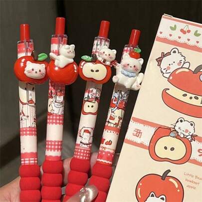1pc Random Red Apple Cat Plush Pen, Cute & Stylish 0.5mm Black Ballpoint Pen, INS Style High-Quality Black Quick-Drying Pen, Suitable For Writing, Studying, And Taking Notes