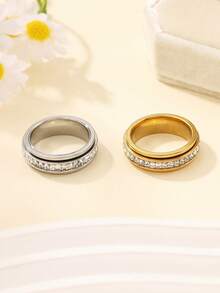2pcs Stainless Steel Minimalist Gold & Silver Rotatable Ring Set, Inlaid With White Diamonds, Suitable For Women's Daily Wear Or Gift - Multicolor - View 3