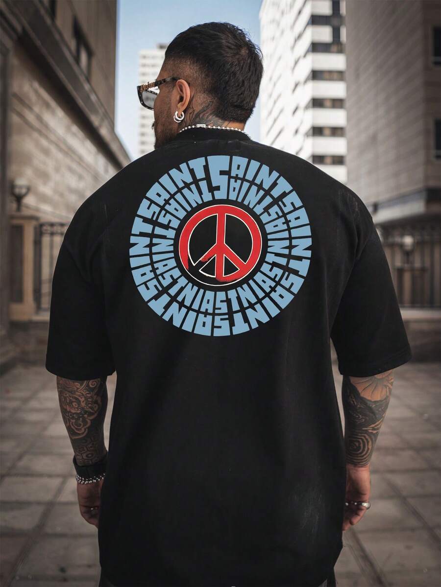 Camiseta de manga corta de corte holgado con estampado gráfico minimalista en inglés de doble cara, de moda casual de calle de verano para hombres FRACTYR - Negro - Ver 1