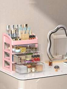 1-4 Layers Large Capacity Drawer Style Makeup Organizer Box, Plastic Cosmetic Storage Box, Lipstick Holder, Office Supplies Storage Box, Jewelry Box - Baby Pink - View 9
