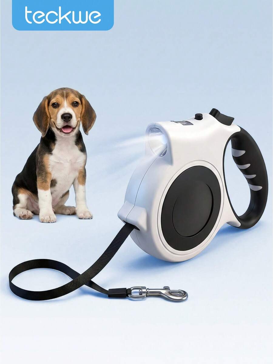 Teckwe Retractable Dog Lead, 5M Extendable Dog Leads With Non-Slip Handle For Small Dogs, Strong Nylon Tape Ribbon, One Hand Brake Button Pause Lock, White - White - View 1
