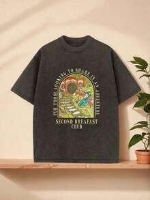 Graphic Cotton-Shirt Washed-Shirt Adventurous Home-Shirt |   Vintage Fantasy Art Fans Of Second Breakfast |   Cosplay, Festivals & Everyday Wear |    Graphic Tee Men Y2K,Oversize Plus Size Men's S To 3XL,Summer Tee - 黑色 - 查看 1