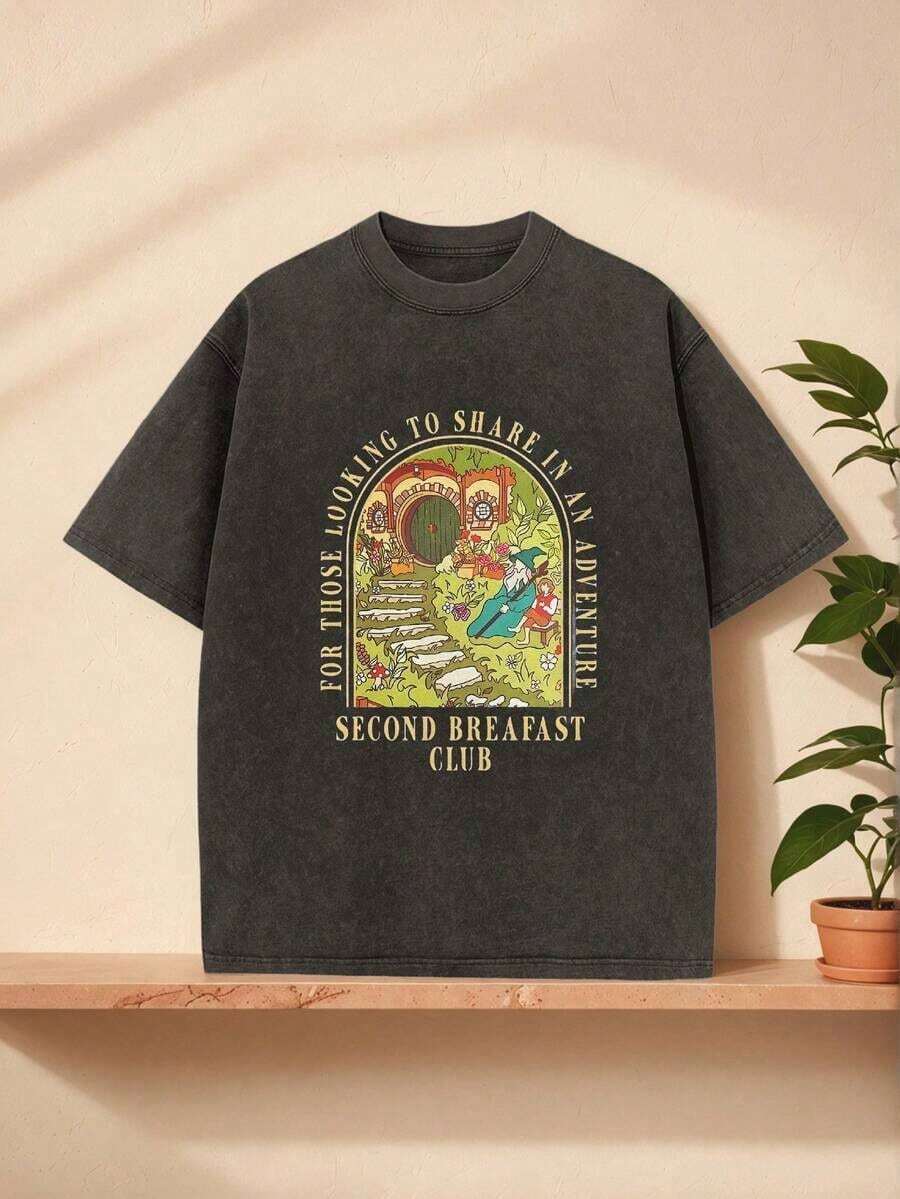 Graphic Cotton-Shirt Washed-Shirt Adventurous Home-Shirt | Vintage Fantasy Art Fans Of Second Breakfast | Cosplay, Festivals & Everyday Wear | Graphic Tee Men Y2K,Oversize Plus Size Men's S To 3XL,Summer Tee - 黑色 - 查看 1