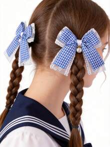 2pcs Girls' School Style Lace Bow Pearl Hair Clips, Suitable For Campus And Daily Use - Navy Blue - View 3