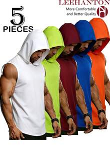5-Pack, Men's Hooded Sports Vests, Men's Summer Sports Vests, Men's Summer Sports Hoodies, Sleeveless Hoodies, Suitable For Gym Workouts, Ball Sports, Outdoor Leisure, Hiking, Polyester Mesh, Breathable And Sweat-Proof, Men's Cool Vests, Multiple Colors Available, High Quality. - 多色2 - 查看 1
