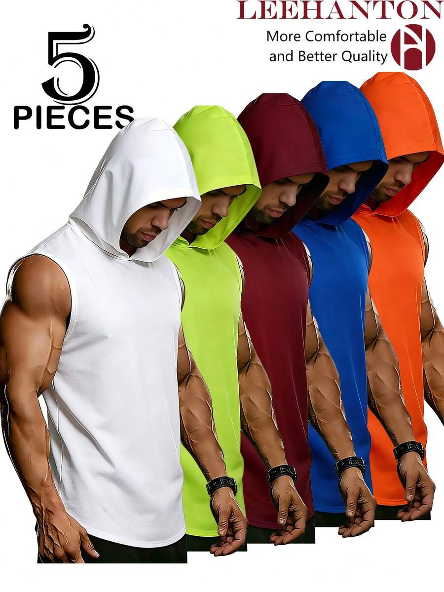 5-Pack, Men's Hooded Sports Vests, Men's Summer Sports Vests, Men's Summer Sports Hoodies, Sleeveless Hoodies, Suitable For Gym Workouts, Ball Sports, Outdoor Leisure, Hiking, Polyester Mesh, Breathable And Sweat-Proof, Men's Cool Vests, Multiple Colors Available, High Quality. - 多色2 - 查看 1