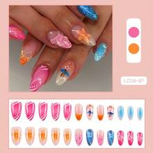30Pcs/Set Y2K Summer Colorful Ocean Element Short Almond Shaped Press-On Nails, Featuring 3D Embossed Starfish, Blue Tie Dye, Shell, Rhinestone & Gold Faux Pearl Decor, Great For Daily Wear & Beach Essentials For Girls/Ladies Nail Supplies Nails - Nhiều màu - Xem 2