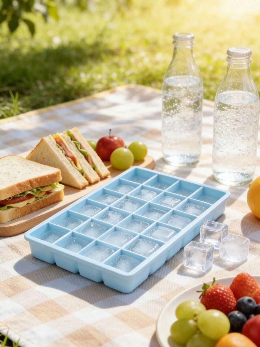 1个蓝色硅胶冰格，带盖 - 24格，柔软易脱模，可堆叠，可重复使用，是制作夏日饮品、鸡尾酒、冷萃咖啡、冰沙的理想之选，适合在家、酒吧、烧烤、派对、办公室使用 - 是家庭厨师、调酒师和主人的完美礼物 - 彩色 - 查看 1