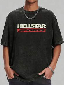 Camiseta de manga corta con cuello redondo, estampado retro lavado de bloques rojos Hellstars Sports, 230g 100% algodón, ropa de verano, tops para hombres, casual y cómoda, camiseta gráfica de moda, estilo unisex - Negro - Ver 1