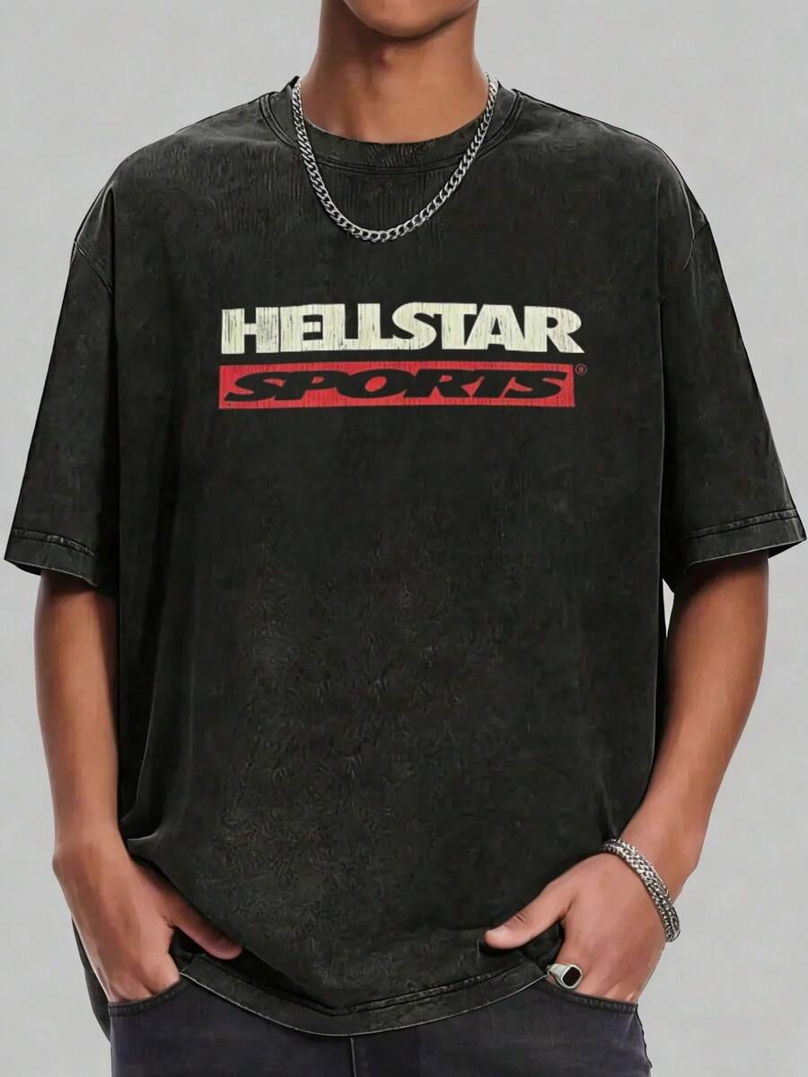 Camiseta de manga corta con cuello redondo, estampado retro lavado de bloques rojos Hellstars Sports, 230g 100% algodón, ropa de verano, tops para hombres, casual y cómoda, camiseta gráfica de moda, estilo unisex - Negro - Ver 1