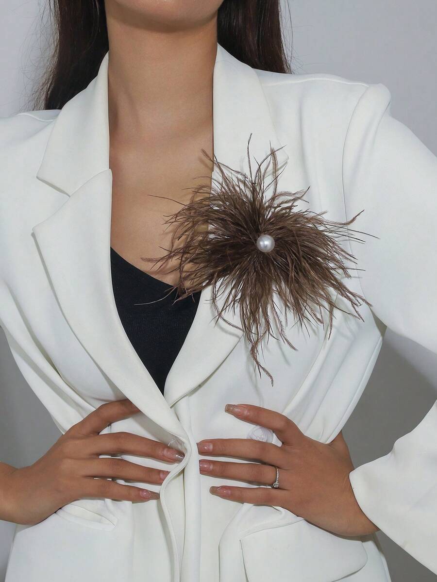 1 chiếc ghim cài tóc hình lông vũ kiểu Pháp cổ điển, độc đáo, ghim cài hoa lông vũ, phụ kiện thời trang thanh lịch, đa năng, phù hợp cho cả trang phục hàng ngày và buổi tối của phụ nữ. - màu nâu - Xem 1