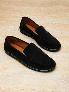 女士圆头绒面革一脚蹬乐福鞋，休闲平底鞋，黑色绒面革乐福鞋，TPR鞋底，办公通勤鞋 - 黑色 - 查看 3